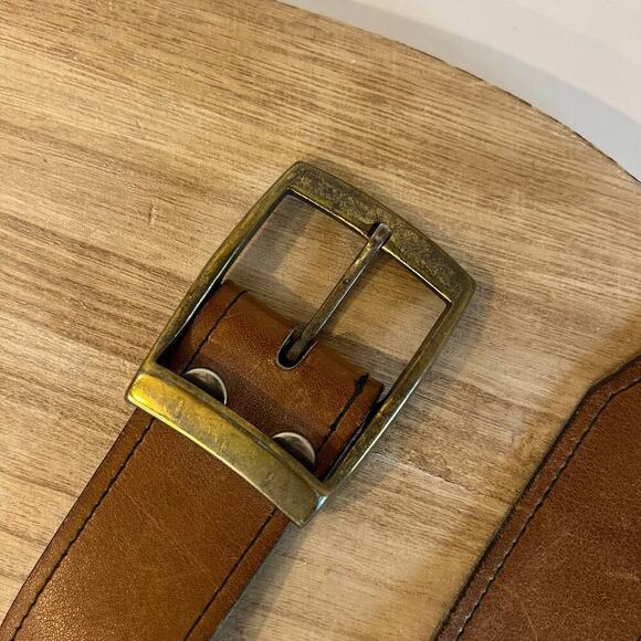 Vintage 90s Soft Tan Genuine Leather Chunky Brass Buckle Belt Size M/L - Picture 7 of 12